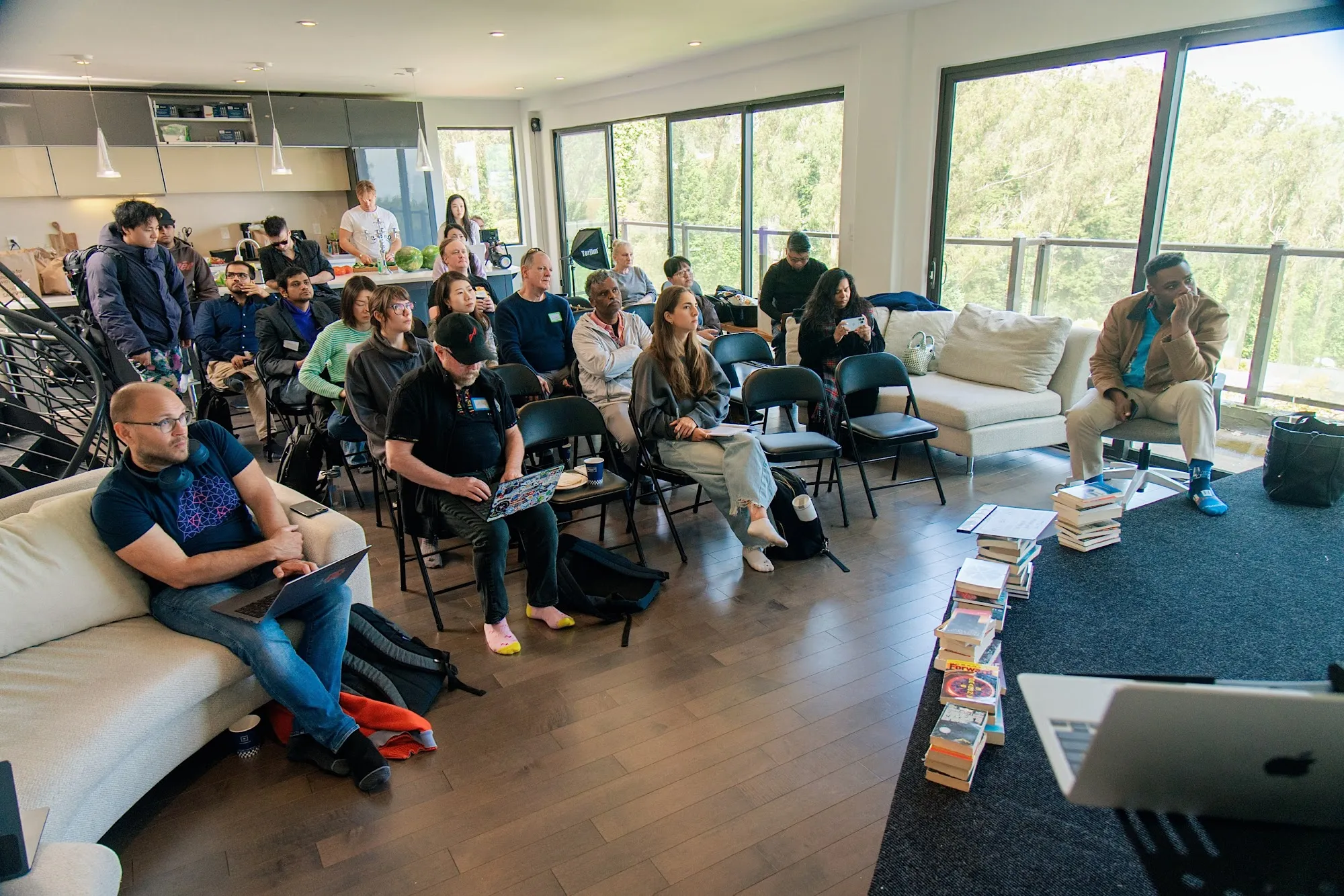 A packed room of builders at AGI House for the Autonomous GTM Hack