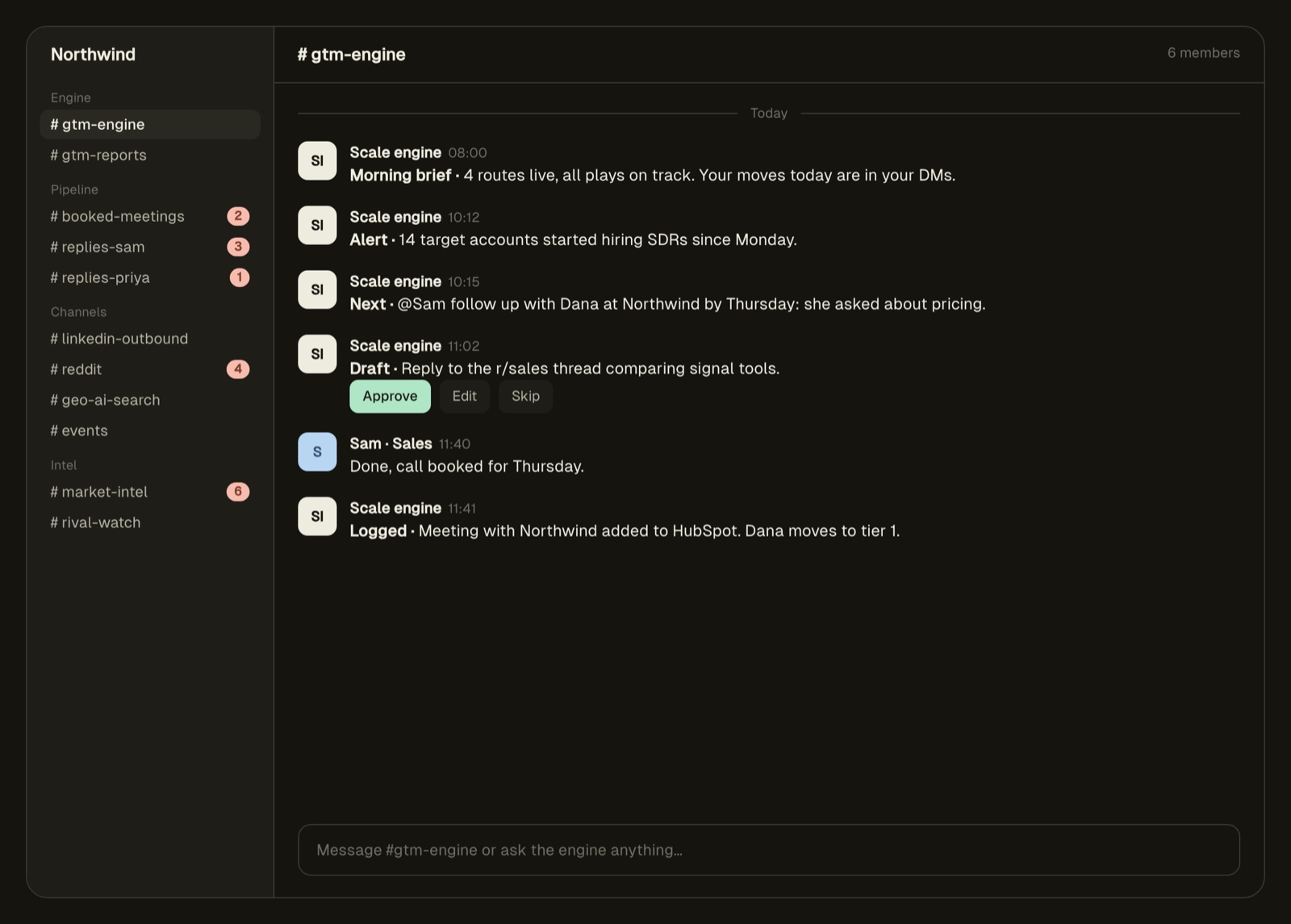 The shared Slack workspace: leads, alerts and drafts to approve